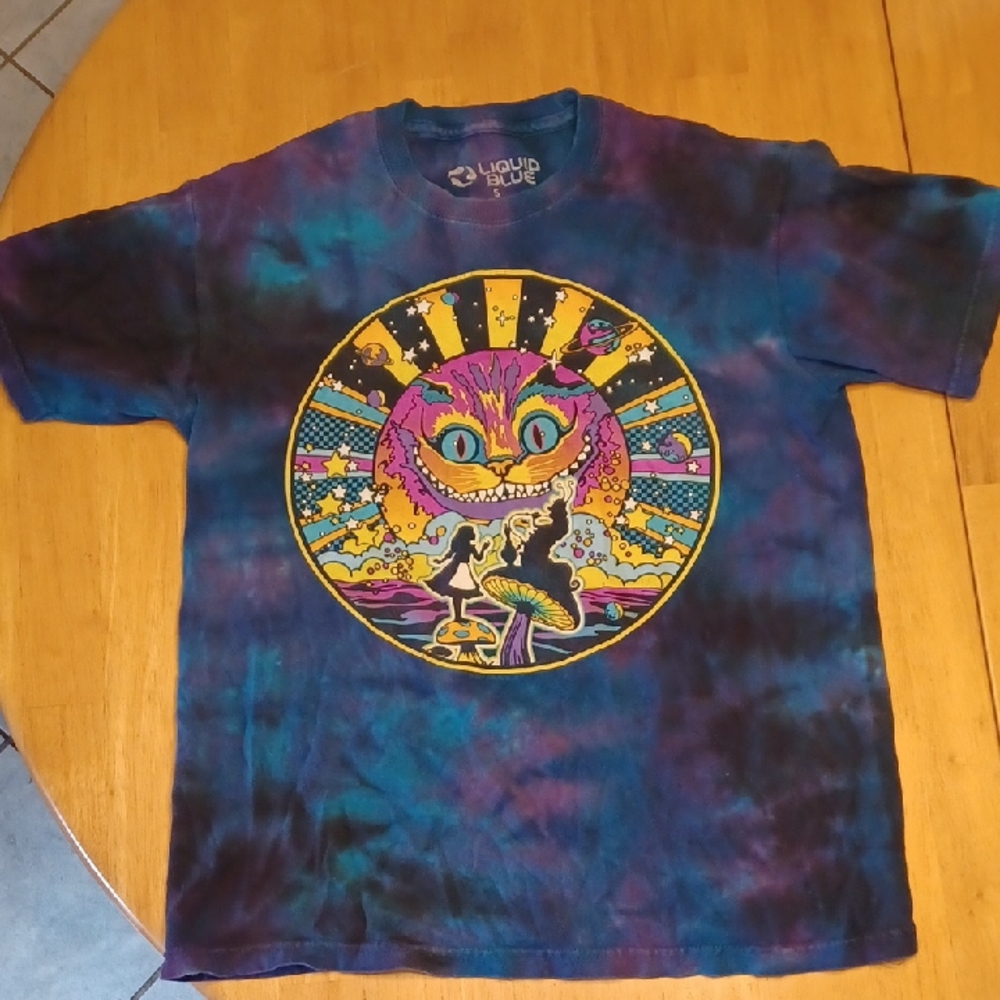 Liquid Blue Tie-Dye Cheshire Cat Alice In Wonderland Tee Shirt Size Small